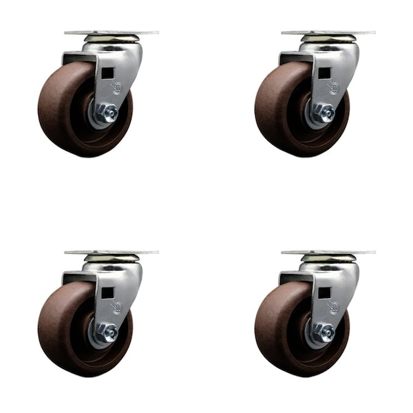 4'' High Temp Glass Filled Nylon Wheel Swivel Caster Set with Bronze Bearings, 4PK